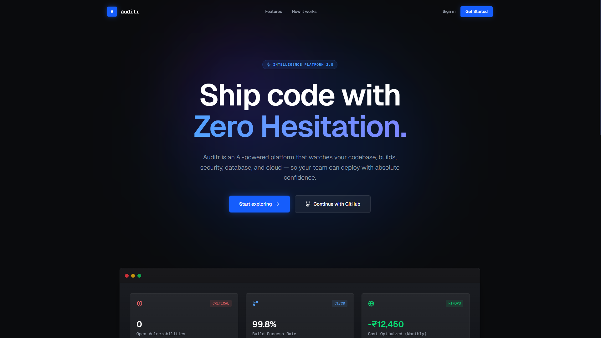 Auditr landing page - AI-powered DevOps intelligence platform