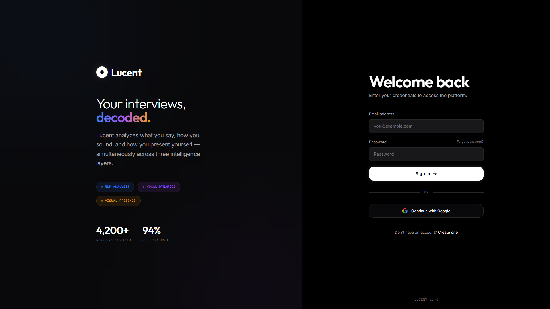 Lucent authentication and sign-up page